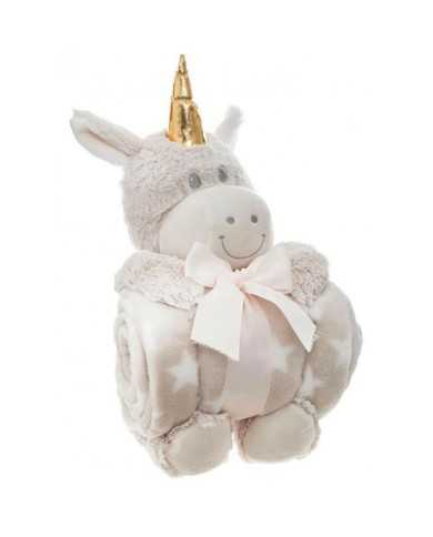 Peluche de Unicornio con manta de 80x110 en color Crudo